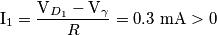 \text{I}_1 = \frac{\text{V}_{D_1} - \text{V}_\gamma}{R}= 0.3 \text{ mA} > 0