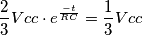 \frac{2}{3}Vcc\cdot e^\frac{-t}{RC}=\frac{1}{3}Vcc \frac{2}{3}Vcc\cdot e^\frac{-t}{RC}=\frac{1}{3}Vcc