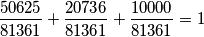 \frac{50625}{81361}+\frac{20736}{81361}+\frac{10000}{81361}=1 \frac{50625}{81361}+\frac{20736}{81361}+\frac{10000}{81361}=1