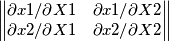 \begin{Vmatrix}  \partial x1 /  \partial X1 & \partial x1 /  \partial X2 \\ \partial x2 /  \partial X1 & \partial x2 /  \partial X2 \end{Vmatrix}