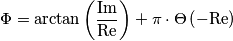 \Phi =\arctan \left( \frac{\mbox{Im}}{\mbox{Re}} \right)+\pi \cdot \Theta \left(- \mbox{Re} \right) \Phi =\arctan \left( \frac{\mbox{Im}}{\mbox{Re}} \right)+\pi \cdot \Theta \left(- \mbox{Re} \right)