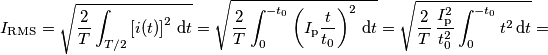 I_\text{RMS}=\sqrt{ \frac{2}{T} \int_{T/2}\left[i(t)\right]^2\,\text{d}t} =
\sqrt{ \frac{2}{T}\int_{0}^{-t_0}\left(I_\text{p}\frac{t}{t_0}\right)^2\,\text{d}t}=
\sqrt{ \frac{2}{T}\,\frac{I_\text{p}^2}{t_0^2}\int_{0}^{-t_0}t^2\,\text{d}t}=