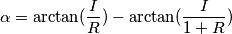 \alpha=\arctan(\frac{I}{R}) - \arctan(\frac{I}{1+R})
