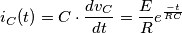 i_C(t)=C \cdot \frac{dv_C}{dt} = \frac {E}{R} e^{ \frac {-t}{RC}} i_C(t)=C \cdot \frac{dv_C}{dt} = \frac {E}{R} e^{ \frac {-t}{RC}}