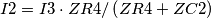 \[I2 = I3\cdot ZR4/\left ( ZR4+ZC2 \right )\]