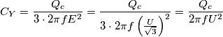 C_Y=\frac{Q_c}{3 \cdot 2 \pi f E^2}=\frac{Q_c}{3 \cdot 2 \pi f \left ( \frac{U}{\sqrt 3} \right )^2}=\frac{Q_c}{2 \pi f U^2}