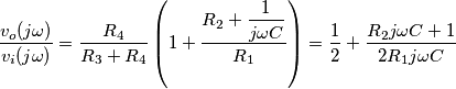 \dfrac{v_o(j\omega)}{v_i(j\omega)}=\dfrac{R_4}{R_3+R_4} \left (1+\dfrac{R_2+\dfrac{1}{j\omega C}}{R_1} \right ) = \frac 12 + \dfrac{R_2j\omega C+1}{2R_1j\omega C}