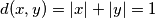 d(x,y) =| x | + | y | = 1 d(x,y) =| x | + | y | = 1