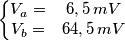 \left\{\begin{matrix}
V_a= &6,5\, mV \\ 
V_b= &64,5\,mV 
\end{matrix}\right.