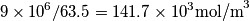 9 \times 10^6 / 63.5 = 141.7 \times 10^3 \text{mol/m}^3 9 \times 10^6 / 63.5 = 141.7 \times 10^3 \text{mol/m}^3