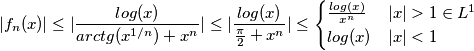 |f_n(x)| \leq |\frac{log(x)}{arctg(x^{1/n})+x^n}| \leq |\frac{log(x)}{\frac{\pi}{2}+x^n}| \leq  \begin{cases}
\frac{log(x)}{x^n} & |x|>1  \in L^1\\ 
log(x) & |x|<1 
\end{cases}
