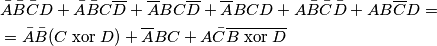 \begin{align}
&\bar{A}\bar{B}\bar{C}D+\bar{A}\bar{B}C\overline{D}+\overline{A}BC\overline{D}+\overline{A}BCD+A\bar{B}\bar{C}\bar{D}+AB\overline{C} D= \\
&=\bar{A}\bar{B}(C\;\text{xor}\;D)+\overline{A}BC+A\bar{C}\overline{B\;\text{xor}\;D}\\
\end{align}