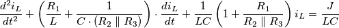 \frac{d^2 i_L}{dt^2} +  \left( \frac{R_1}{L} + \frac{1}{C \cdot (R_2 \parallel R_3)} \right) \cdot \frac{di_L}{dt} + \frac{1}{LC} \left( 1 + \frac{R_1}{R_2 \parallel R_3} \right) i_L = \frac{J}{LC}