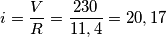 i=\frac{V}{R}=\frac{230}{11,4}=20,17