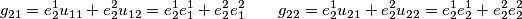 g_{21}=e^1_2u_{11}+e^2_2u_{12}=e^1_2e^1_1+e^2_2e^2_1 \quad\quad g_{22}=e^1_2u_{21}+e^2_2u_{22}=e^1_2e^1_2+e^2_2e^2_2
