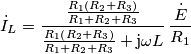 \dot{I}_{L}=\frac{\frac{R_{1}\left(R_{2}+R_{3}\right)}{R_{1}+R_{2}+R_{3}}}{\frac{R_{1}\left(R_{2}+R_{3}\right)}{R_{1}+R_{2}+R_{3}}+\text{j}\omega L}\,\frac{\dot{E}}{R_{1}}