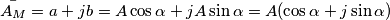 \bar {A_{M}} = a + jb = A \cos {\alpha} + jA \sin {\alpha} = A (\cos {\alpha} + j \sin {\alpha}) \bar {A_{M}} = a + jb = A \cos {\alpha} + jA \sin {\alpha} = A (\cos {\alpha} + j \sin {\alpha})
