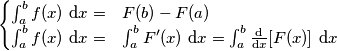 \begin{cases} 
\int_a^b f(x) \text{ d}x= &F(b)-F(a) \\
\int_a^b f(x) \text{ d}x= &\int_a^b F'(x) \text{ d}x=\int_a^b  \frac{\text{d}}{\text{d}x}[F(x)] \text{ d}x
\end{cases}
