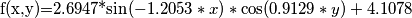 $$f(x,y)=2.6947*\sin(-1.2053*x)*\cos(0.9129*y)+4.1078$$ $$f(x,y)=2.6947*\sin(-1.2053*x)*\cos(0.9129*y)+4.1078$$