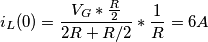 i_L(0) = \frac{V_G * \frac{R}{2}}{2R + R/2}*\frac{1}{R}= 6 A i_L(0) = \frac{V_G * \frac{R}{2}}{2R + R/2}*\frac{1}{R}= 6 A