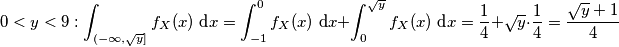 0<y < 9: \int_{(-\infty,\sqrt{y}]} f_X (x) \text{ d}x= \int_{-1}^0 f_X (x) \text{ d}x+\int_0^{\sqrt{y}} f_X (x) \text{ d}x=\frac{1}{4}+\sqrt{y}\cdot\frac{1}{4}=\frac{\sqrt{y}+1}{4}