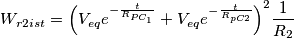W _{r2ist }={{\left( V _{eq }{e }^{-\frac{t }{R _{PC _{1 }}}}+V _{eq }{e }^{-\frac{t }{R _{pC2 }}}\right) }}^{2 }\frac{1 }{R _{2 }}