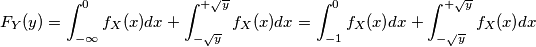 F_Y(y) = \int_{-\infty}^{0} f_X(x) dx + \int_{-\sqrt{y}}^{+\sqrt{y}} f_X(x) dx = \int_{-1}^{0} f_X(x) dx + \int_{-\sqrt{y}}^{+\sqrt{y}} f_X(x) dx