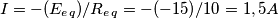 I = -(E_e_q) / R_e_q = -(-15) / 10 = 1,5 A