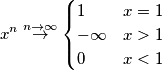 x^n \overset{n\rightarrow \infty}{\rightarrow} 
\begin{cases}
1 & x=1 \\ 
-\infty & x>1 \\ 
0 & x<1 
\end{cases}