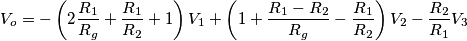 V_o=-\left(2\frac{R_1}{R_g}+\frac{R_1}{R_2}+1\right)V_1+\left(1+\frac{R_1-R_2}{R_g}-\frac{R_1}{R_2}\right)V_2-\frac{R_2}{R_1}V_3