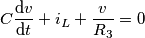 C\frac{\text{d}v}{\text{d}t}+{{i}_{L}}+\frac{v}{{{R}_{3}}}=0