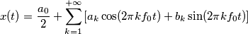 x(t)  = \frac{a_0}{2} +\sum_{k=1}^{+\infty} \left[ a_k \cos(2\pi k f_0 t) + b_k \sin(2\pi k f_0 t) \right]
