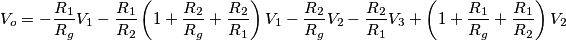 V_o=-\frac{R_1}{R_g}V_1-\frac{R_1}{R_2}\left(1+\frac{R_2}{R_g}+\frac{R_2}{R_1}\right)V_1 -\frac{R_2}{R_g}V_2 -\frac{R_2}{R_1}V_3+\left(1+\frac{R_1}{R_g}+\frac{R_1}{R_2}\right)V_2