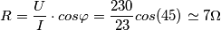 R=\frac{U}{I}\cdot cos\varphi =\frac{230}{23}cos(45)\simeq 7\Omega