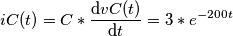 iC(t)=C*\frac{\mathrm{d}vC(t) }{\mathrm{d} t}=3*e^{-200t}
