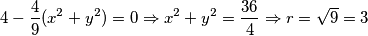 4-\frac{4}{9}(x^2+y^2)=0 \Rightarrow x^2+y^2=\frac{36}{4} \Rightarrow r=\sqrt9=3