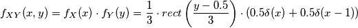 f_{XY}(x,y) = f_X(x) \cdot f_Y(y) = \frac{1}{3} \cdot rect \left(\frac{y-0.5}{3}\right)\cdot (0.5\delta(x) + 0.5\delta(x-1))