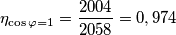 \eta_{\cos \varphi=1}=\frac {2004}{2058}=0,974 \eta_{\cos \varphi=1}=\frac {2004}{2058}=0,974