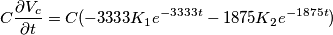 C\frac{\partial V_{c}}{\partial t}=C(-3333K_{1}e^{-3333t}-1875K_{2}e^{-1875t})