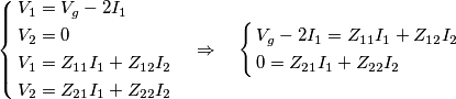 \left\{ \begin{align}
  & {{V}_{1}}={{V}_{g}}-2{{I}_{1}} \\ 
 & {{V}_{2}}=0 \\ 
 & {{V}_{1}}={{Z}_{11}}{{I}_{1}}+{{Z}_{12}}{{I}_{2}} \\ 
 & {{V}_{2}}={{Z}_{21}}{{I}_{1}}+{{Z}_{22}}{{I}_{2}} \\ 
\end{align} \right.\quad \Rightarrow \quad \left\{ \begin{align}
  & {{V}_{g}}-2{{I}_{1}}={{Z}_{11}}{{I}_{1}}+{{Z}_{12}}{{I}_{2}} \\ 
 & {{0}}={{Z}_{21}}{{I}_{1}}+{{Z}_{22}}{{I}_{2}} \\ 
\end{align} \right.