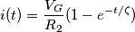 i(t)={\frac{V_G}{R_2}}(1-e^{-t/\zeta})