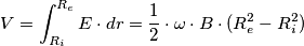 V=\int_{R_{i}}^{R_{e}}E\cdot dr=\frac{1}{2}\cdot \omega \cdot B\cdot (R_{e}^{2}-R_{i}^{2}) V=\int_{R_{i}}^{R_{e}}E\cdot dr=\frac{1}{2}\cdot \omega \cdot B\cdot (R_{e}^{2}-R_{i}^{2})