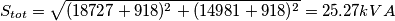 S_{tot} = \sqrt{(18727+918)^2 + (14981+918)^2} = 25.27 kVA