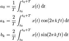 \begin{align}a_0 &= \frac{1}{T}\int_{t_0}^{t_0+T}x(t)\,\text{d} t \\
a_k &= \frac{2}{T}\int_{t_0}^{t_0+T}x(t)\cos(2\pi k ft)\,\text{d} t \\
b_k &= \frac{2}{T}\int_{t_0}^{t_0+T}x(t)\sin(2\pi k ft)\,\text{d} t\end{align}