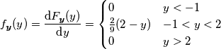 f_{\boldsymbol{y}}(y) = \frac{\text{d} F_{\boldsymbol{y}}(y)}{\text{d} y} = \begin{cases}
0 & y < -1 \\
\frac{2}{9}(2-y) & -1 < y < 2 \\
0 & y > 2
\end{cases}
