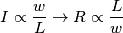 I\propto \dfrac{w}{L} \rightarrow R\propto\dfrac{L}{w} I\propto \dfrac{w}{L} \rightarrow R\propto\dfrac{L}{w}