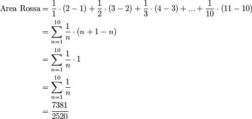 \begin{align} \text{Area Rossa} &=\frac{1}{1} \cdot (2-1)+\frac{1}{2} \cdot (3-2)+\frac{1}{3} \cdot (4-3)+...+\frac{1}{10} \cdot (11-10) \\
&=\sum_{n=1}^{10}\frac{1}{n}\cdot (n+1-n) \\
&=\sum_{n=1}^{10}\frac{1}{n}\cdot 1 \\
&=\sum_{n=1}^{10}\frac{1}{n} \\
&=\frac{7381}{2520}
\end{align}
