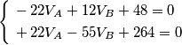 \left\{ \begin{align}
  & -22V_{A}+12V_{B}+48=0 \\ 
 & +22V_{A}-55V_{B}+264=0 \\ 
\end{align} \right.