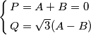 \left\{ \begin{align}
  & P=A+B=0 \\ 
 & Q=\sqrt{3}(A-B) \\ 
\end{align} \right.