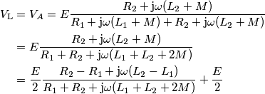 \begin{align} V_\text{L} &=V_A = E\frac{R_2+\text{j}\omega(L_2+M)}{R_1+\text{j}\omega(L_1+M)+R_2+\text{j}\omega(L_2+M)} \\
&= E\frac{R_2+\text{j}\omega(L_2+M)}{R_1+R_2+\text{j}\omega(L_1+L_2+2M)} \\
&= \frac{E}{2}\frac{R_2-R_1+\text{j}\omega(L_2-L_1)}{R_1+R_2+\text{j}\omega(L_1+L_2+2M)}+\frac{E}{2}
\end{align} \begin{align} V_\text{L} &=V_A = E\frac{R_2+\text{j}\omega(L_2+M)}{R_1+\text{j}\omega(L_1+M)+R_2+\text{j}\omega(L_2+M)} \\
&= E\frac{R_2+\text{j}\omega(L_2+M)}{R_1+R_2+\text{j}\omega(L_1+L_2+2M)} \\
&= \frac{E}{2}\frac{R_2-R_1+\text{j}\omega(L_2-L_1)}{R_1+R_2+\text{j}\omega(L_1+L_2+2M)}+\frac{E}{2}
\end{align}